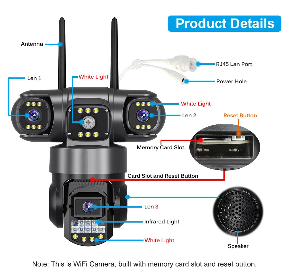 V380 Pro WiFi IP Camera Outdoor 12MP 6K Triple Lens Security Camera