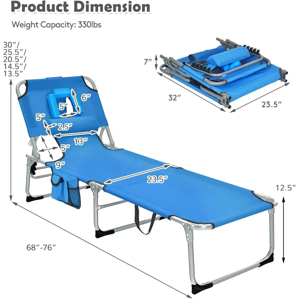 Folding Tanning Chair with Face & Arm Hole, 5-Position Adjustable Backrest, Removable Pillow & Side Pocket