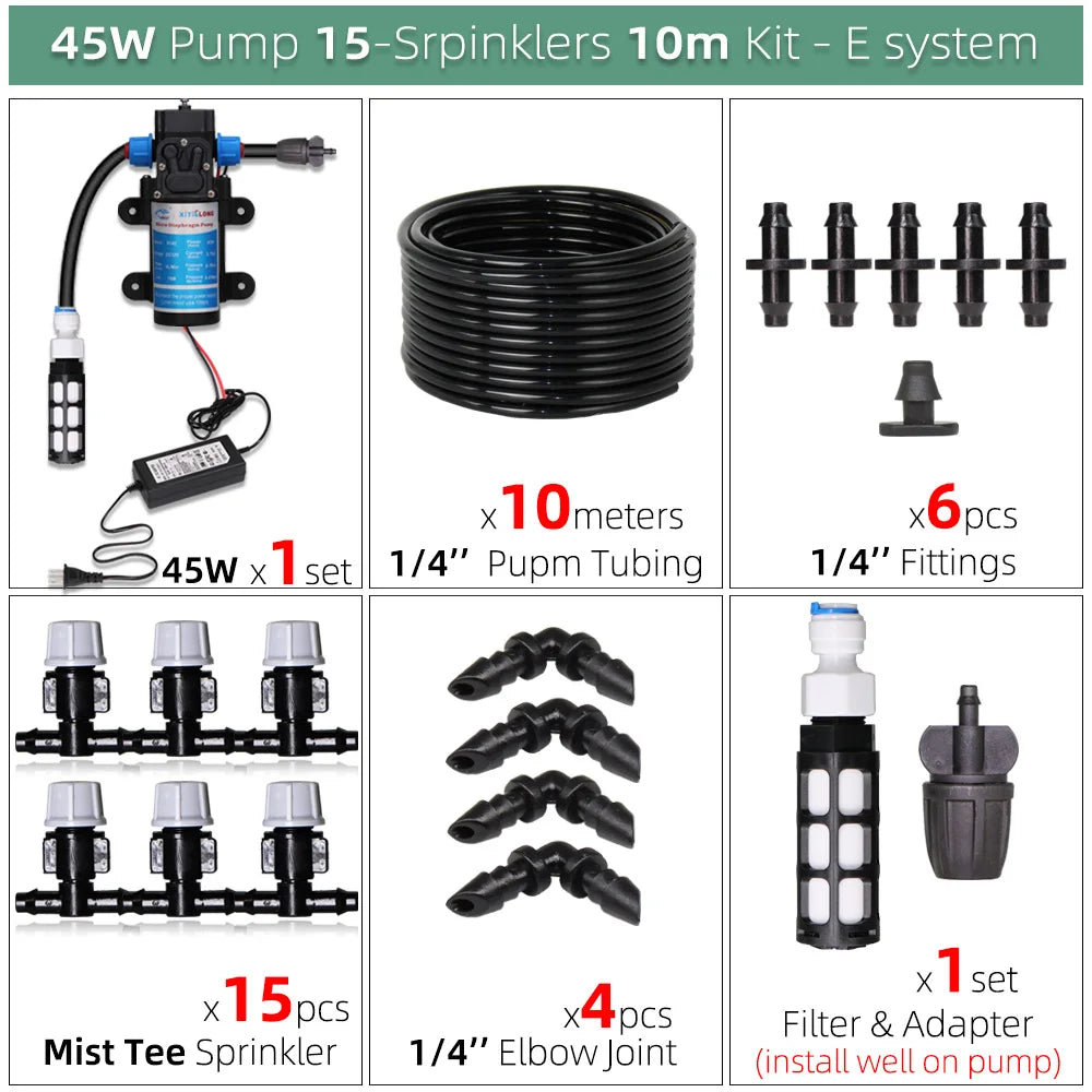 5–50M 45W Pump Self-Priming Irrigation System Garden Spray Cooling Kit.