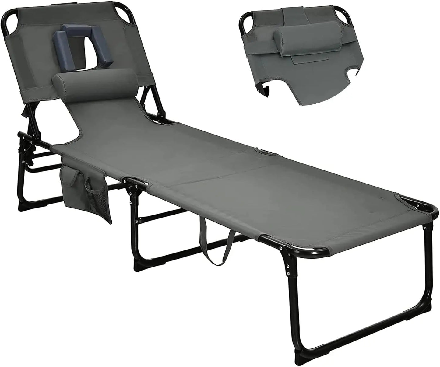 Folding Tanning Chair with Face & Arm Hole, 5-Position Adjustable Backrest, Removable Pillow & Side Pocket