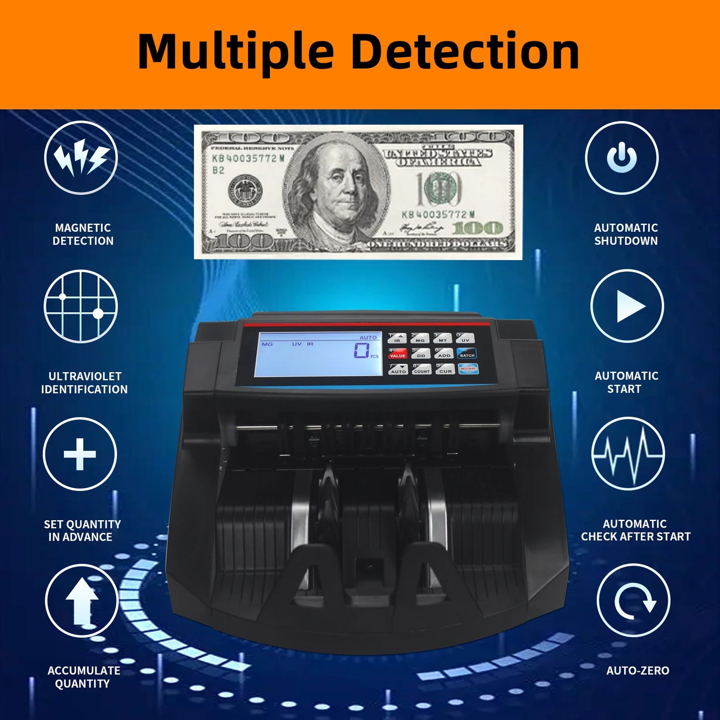 2100D Multi-Currency Money Counting Machine with UV, MG, IR Detection and LCD Display