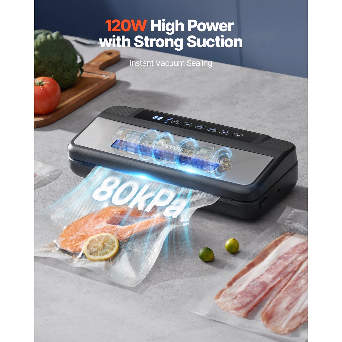 80Kpa 120W Electric Vacuum Sealer Machine 7-in-1 Dry/Wet Food Sealer with Built-in Cutter Knife