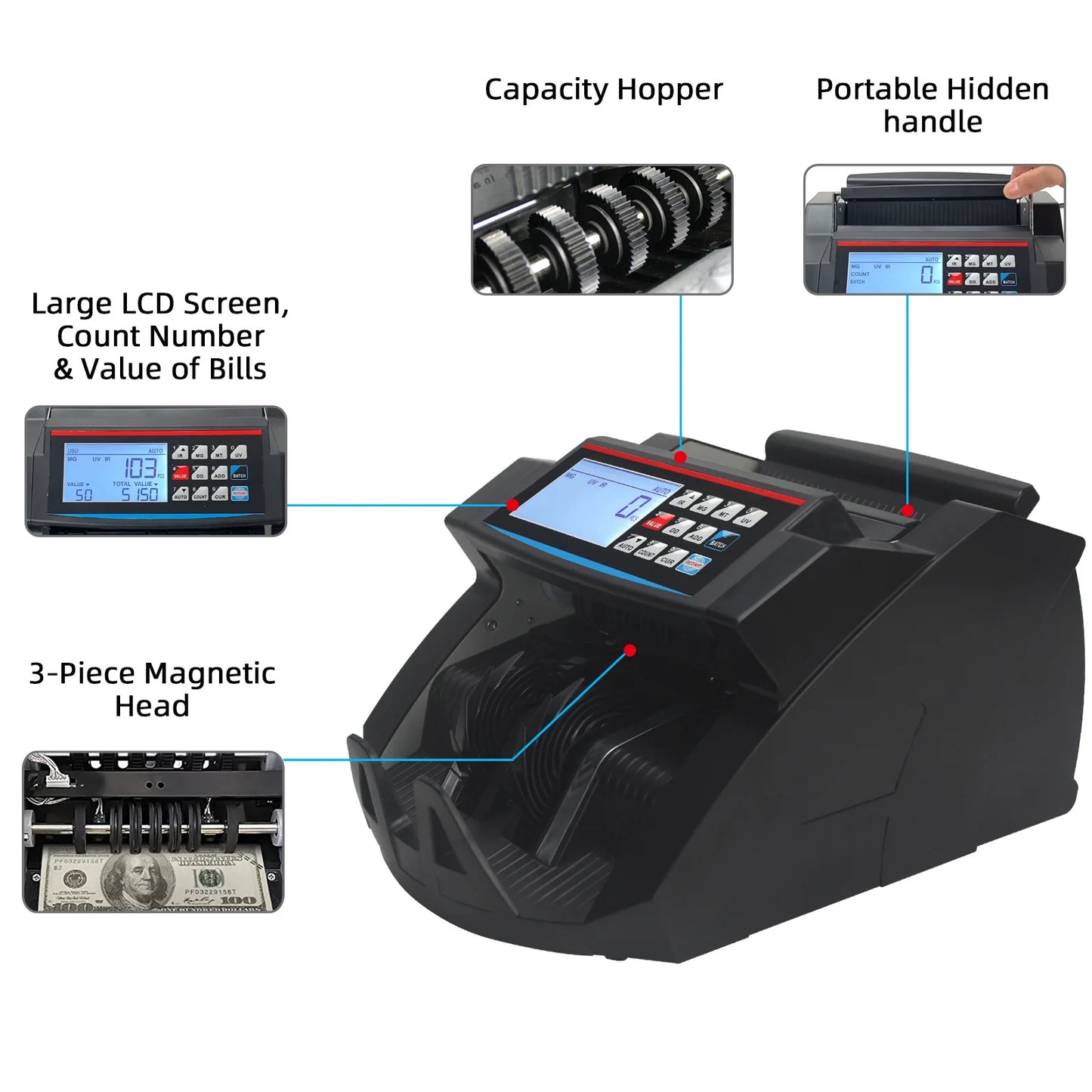 2100D Multi-Currency Money Counting Machine with UV, MG, IR Detection and LCD Display