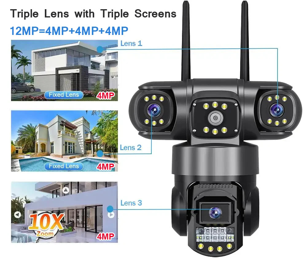 V380 Pro WiFi IP Camera Outdoor 12MP 6K Triple Lens Security Camera