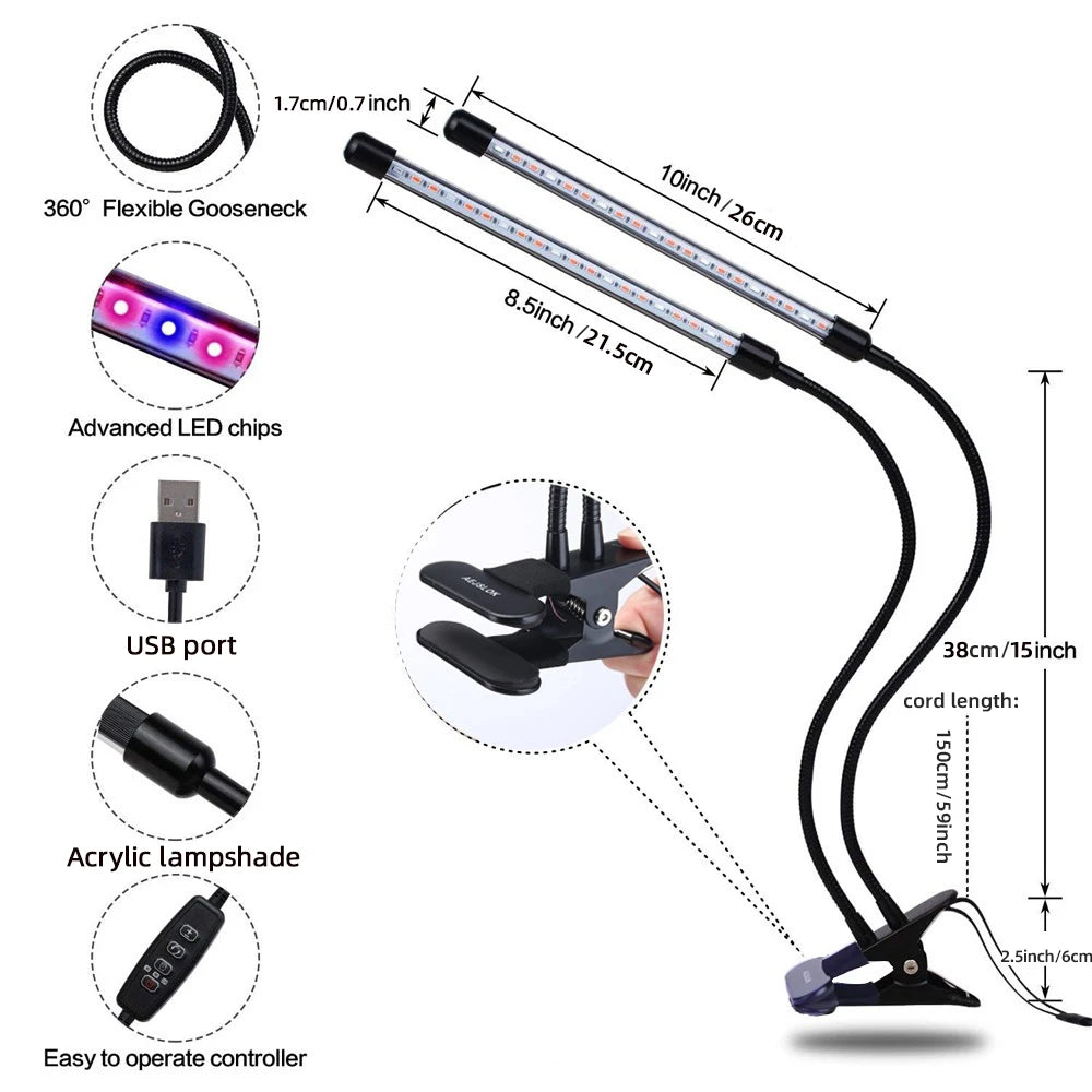 Full Spectrum USB LED Plant Grow Light with 10 Dimmable Levels and Timer