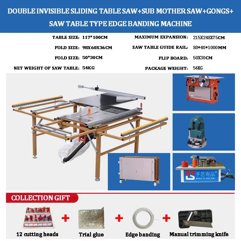Multifunction Folding Electric Woodworking Table Saw with Sliding Guide & Stainless Steel Top