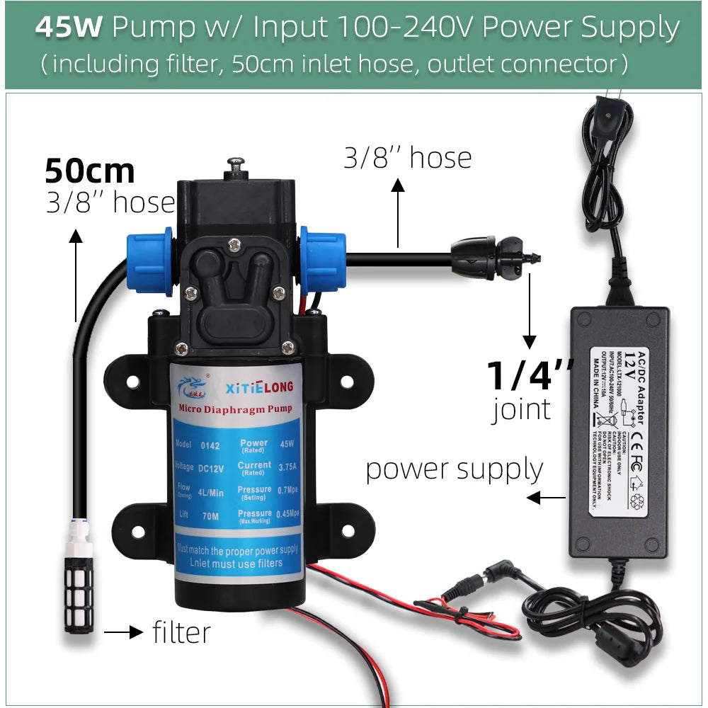 5–50M 45W Pump Self-Priming Irrigation System Garden Spray Cooling Kit.