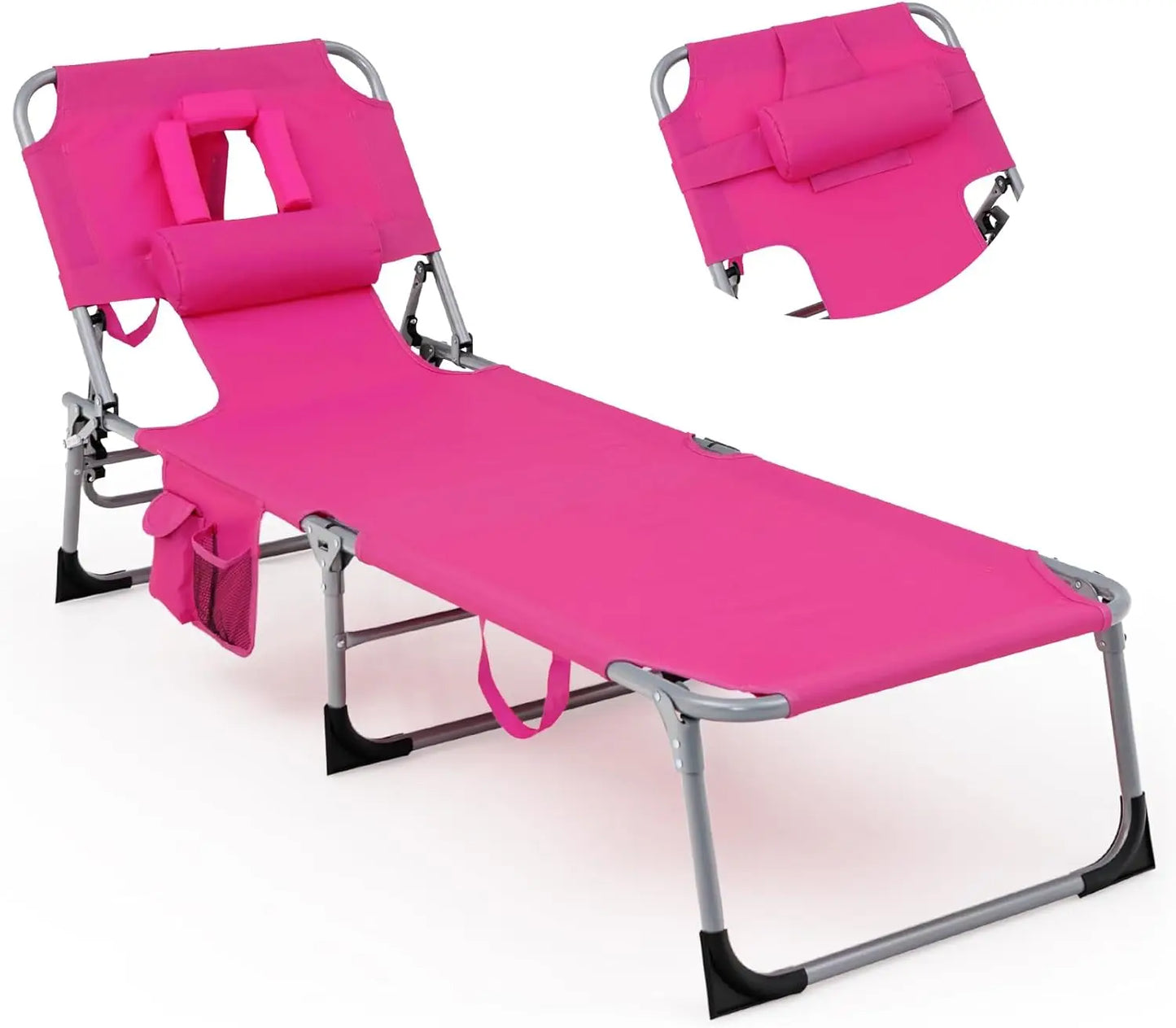 Folding Tanning Chair with Face & Arm Hole, 5-Position Adjustable Backrest, Removable Pillow & Side Pocket