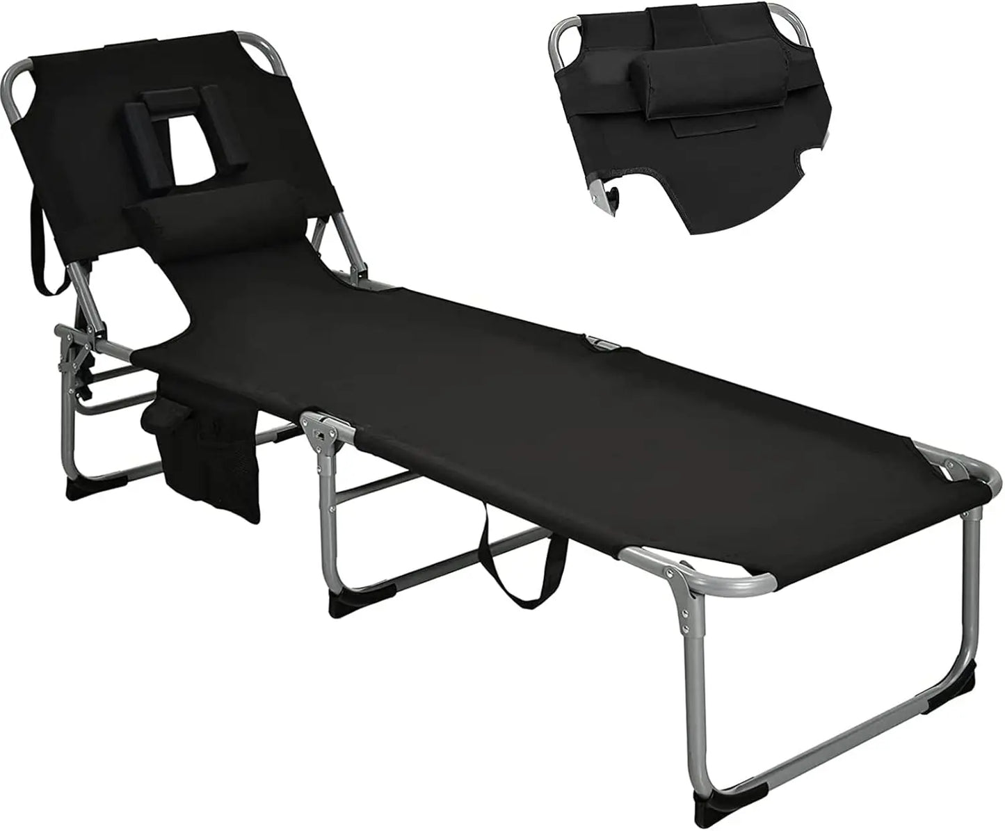 Folding Tanning Chair with Face & Arm Hole, 5-Position Adjustable Backrest, Removable Pillow & Side Pocket