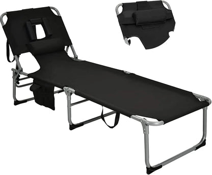 Folding Tanning Chair with Face & Arm Hole, 5-Position Adjustable Backrest, Removable Pillow & Side Pocket