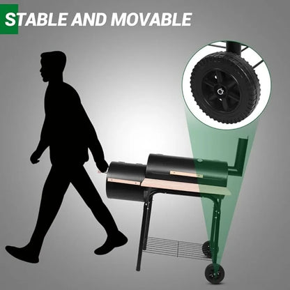 Charcoal Grill and Offset Smoker, Outdoor Patio Barbecue Cooker with Wheels, Portable Backyard BBQ Oven with Side Fire Box