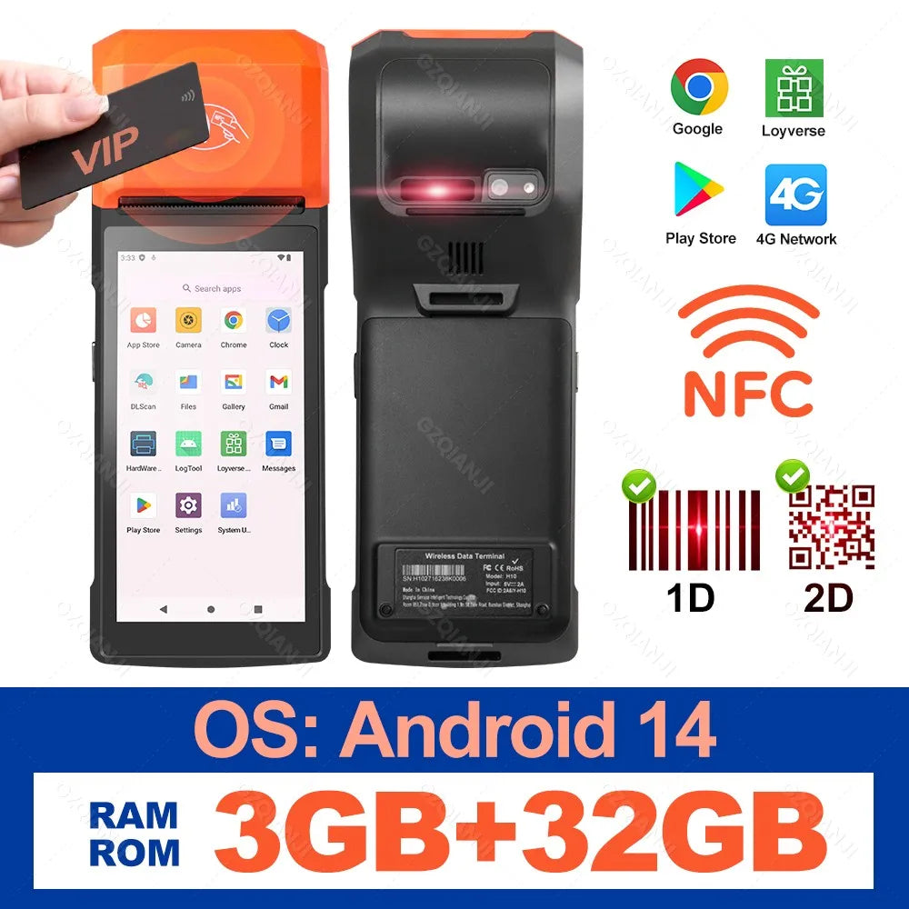 Android 8.1/13/14 PDA Terminal POS Machine 5.0" Touch Screen Built-in 58mm Bluetooth Thermal Receipt Printer Support Wifi GPS