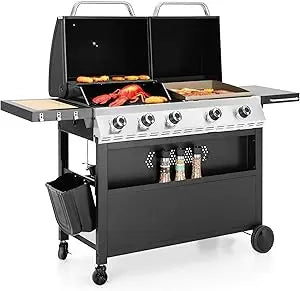 Propane Gas Griddle Grill Combo with Porcelain-Enameled Cast Iron Grate & Cast Iron Pan