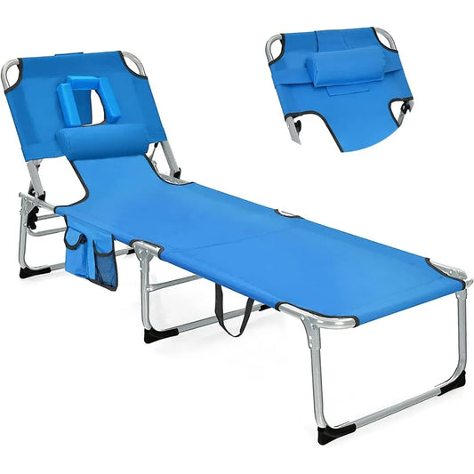 Folding Tanning Chair with Face & Arm Hole, 5-Position Adjustable Backrest, Removable Pillow & Side Pocket