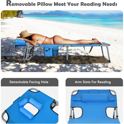 Folding Tanning Chair with Face & Arm Hole, 5-Position Adjustable Backrest, Removable Pillow & Side Pocket