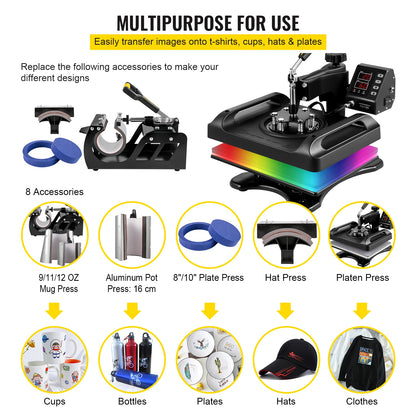 8-in-1 12" x 15" Combo Heat Press Machine with 360° Swing-Away Design T-Shirt, Mug, Cap, Plate & Pot Transfer Printer Kit