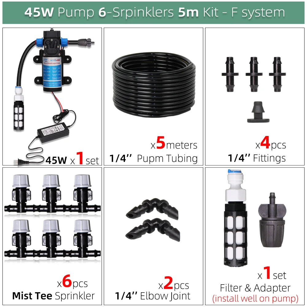 5–50M 45W Pump Self-Priming Irrigation System Garden Spray Cooling Kit.