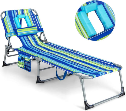 Folding Tanning Chair with Face & Arm Hole, 5-Position Adjustable Backrest, Removable Pillow & Side Pocket