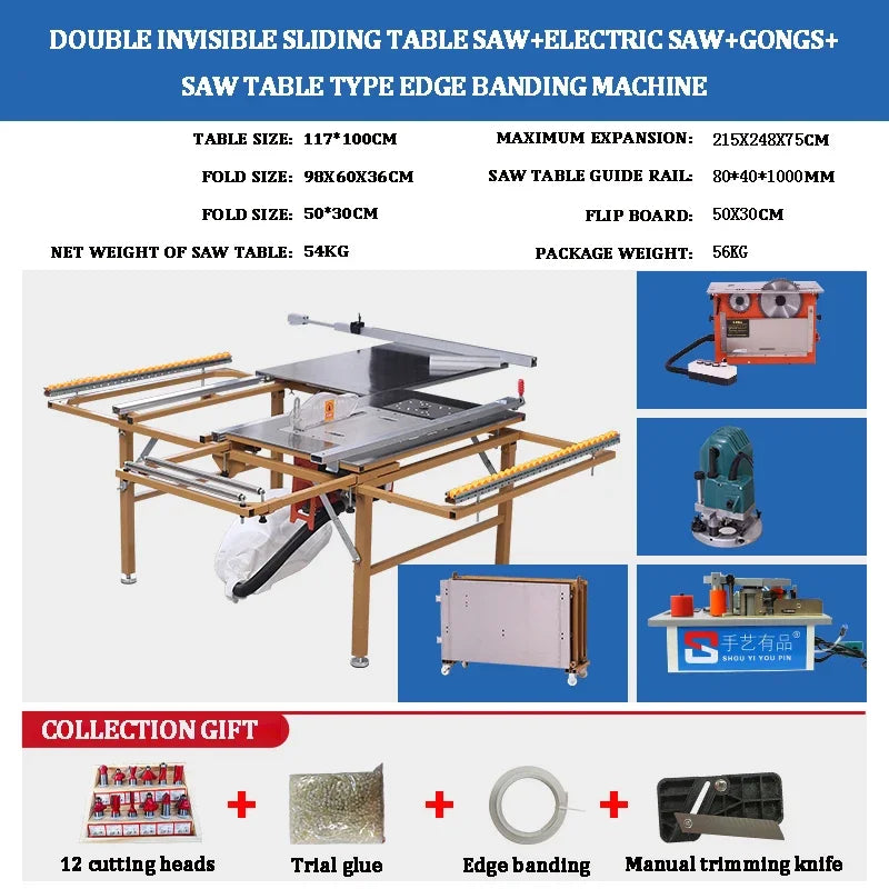 Multifunction Folding Electric Woodworking Table Saw with Sliding Guide & Stainless Steel Top