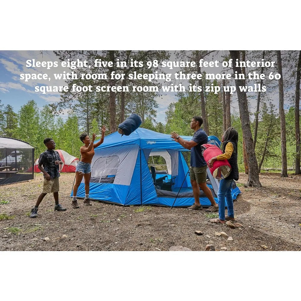 Klondike 8 Person Water Resistant Tent with Convertible Screen Room for Family Camping