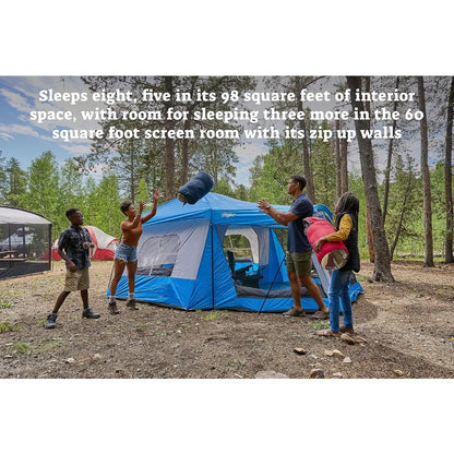 Klondike 8 Person Water Resistant Tent with Convertible Screen Room for Family Camping