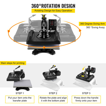 8-in-1 12" x 15" Combo Heat Press Machine with 360° Swing-Away Design T-Shirt, Mug, Cap, Plate & Pot Transfer Printer Kit