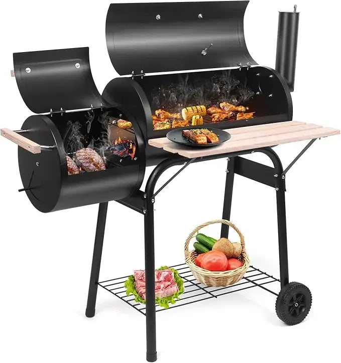Charcoal Grill and Offset Smoker, Outdoor Patio Barbecue Cooker with Wheels, Portable Backyard BBQ Oven with Side Fire Box