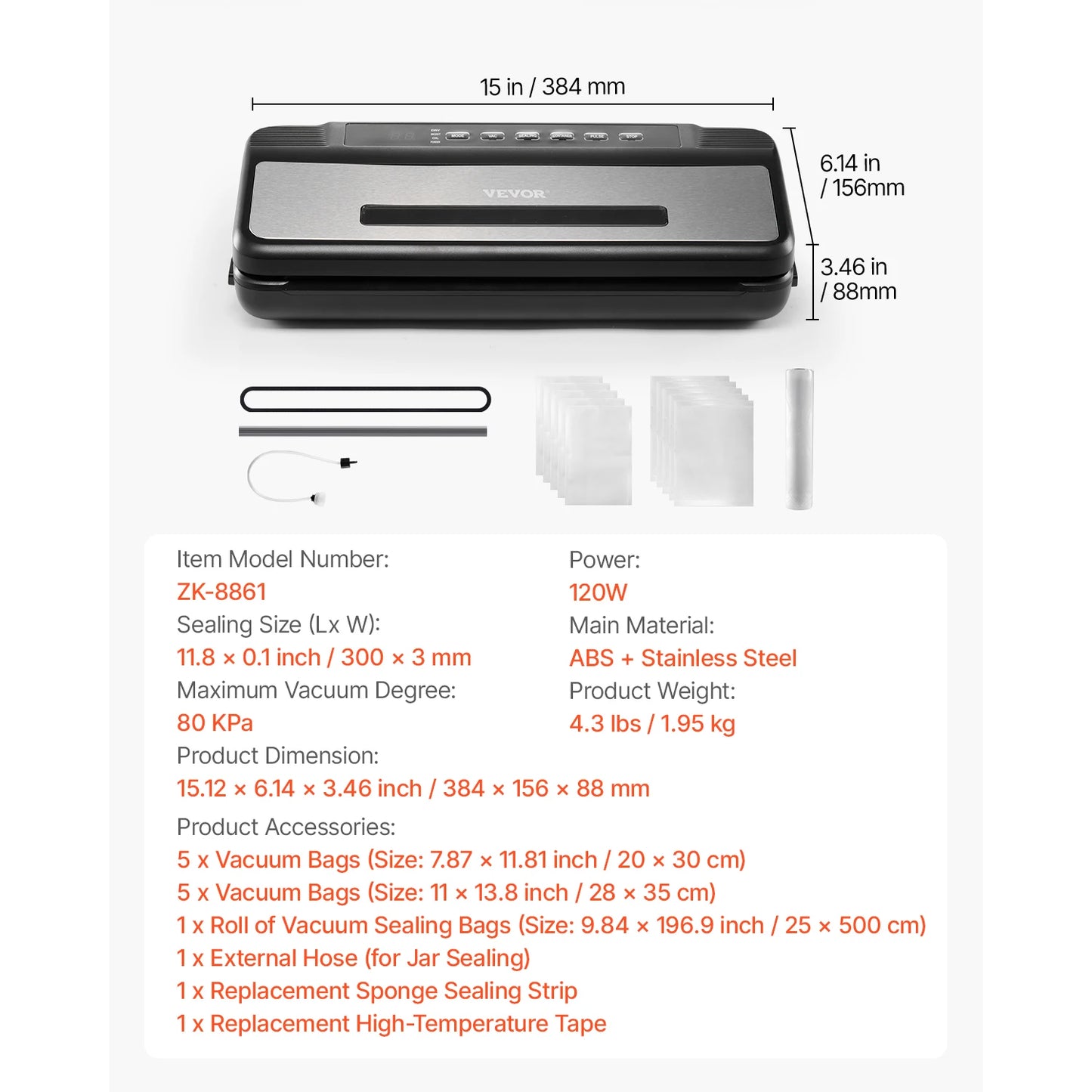80Kpa 120W Electric Vacuum Sealer Machine 7-in-1 Dry/Wet Food Sealer with Built-in Cutter Knife