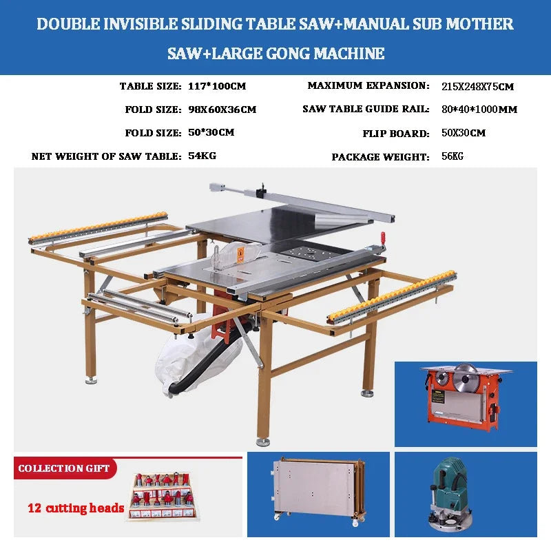Multifunction Folding Electric Woodworking Table Saw with Sliding Guide & Stainless Steel Top