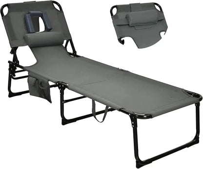 Folding Tanning Chair with Face & Arm Hole, 5-Position Adjustable Backrest, Removable Pillow & Side Pocket