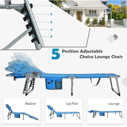 Folding Tanning Chair with Face & Arm Hole, 5-Position Adjustable Backrest, Removable Pillow & Side Pocket