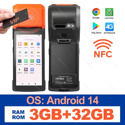 Android 8.1/13/14 PDA Terminal POS Machine 5.0" Touch Screen Built-in 58mm Bluetooth Thermal Receipt Printer Support Wifi GPS