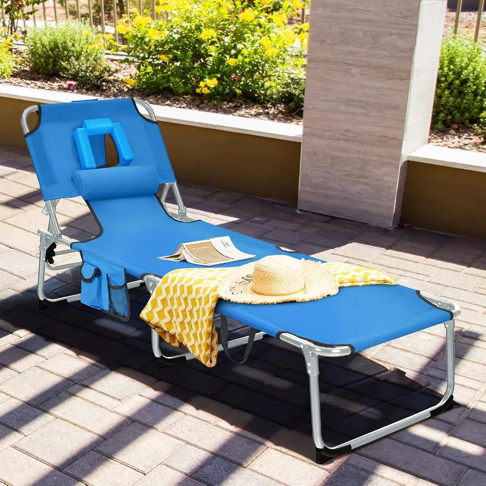 Folding Tanning Chair with Face & Arm Hole, 5-Position Adjustable Backrest, Removable Pillow & Side Pocket