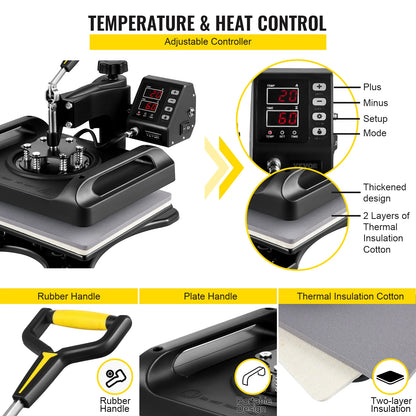 8-in-1 12" x 15" Combo Heat Press Machine with 360° Swing-Away Design T-Shirt, Mug, Cap, Plate & Pot Transfer Printer Kit