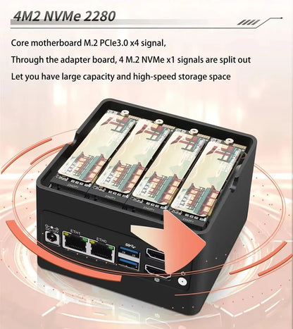 Hot 4 x NVMe Mini NAS Server 4 Bay NAS N100 3 N355 Pocket PC with Dual LAN,Dual HDMI 2.0,USB3.2 Gen2,Support BT5.4/WiFi6/WiFi7