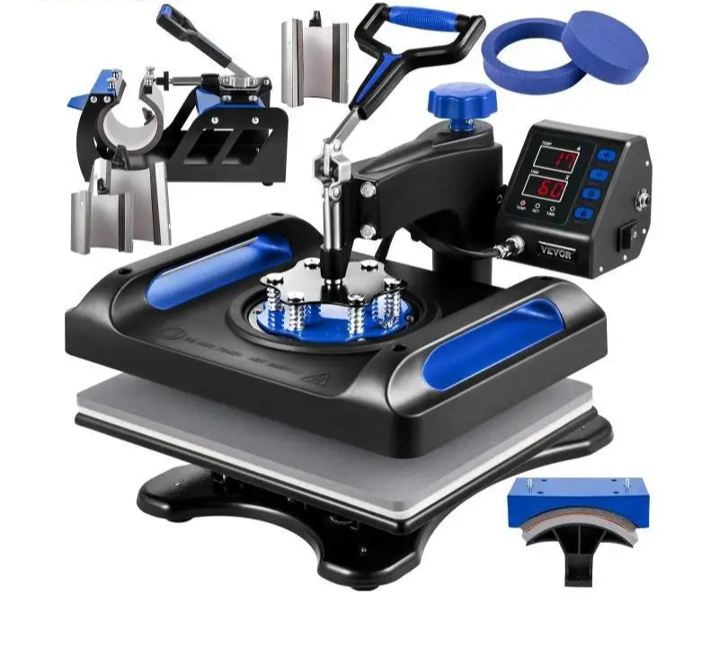 8-in-1 12" x 15" Combo Heat Press Machine with 360° Swing-Away Design T-Shirt, Mug, Cap, Plate & Pot Transfer Printer Kit