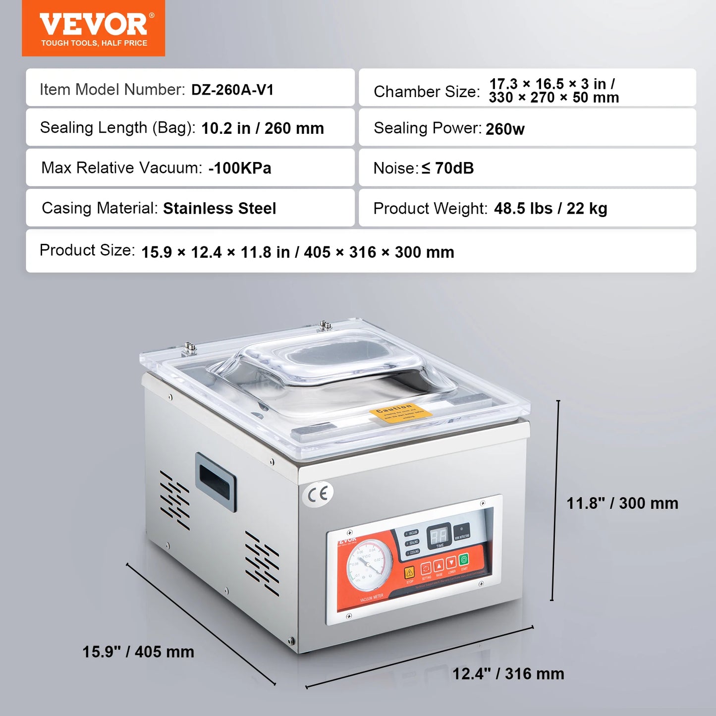 VEVOR DZ-260A Chamber Vacuum Sealer with 15.7" Sealing Length Kitchen Vacuum Packing Machine