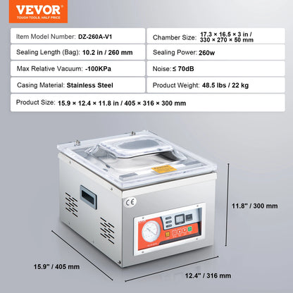 VEVOR DZ-260A Chamber Vacuum Sealer with 15.7" Sealing Length Kitchen Vacuum Packing Machine