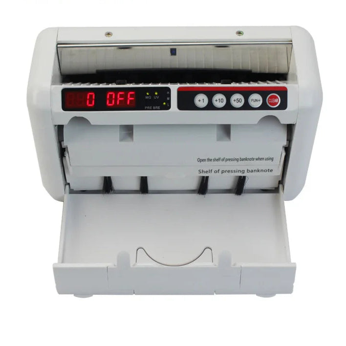 White bill counter machine with digital display on a white background, featuring the brand 'XindaBill'.