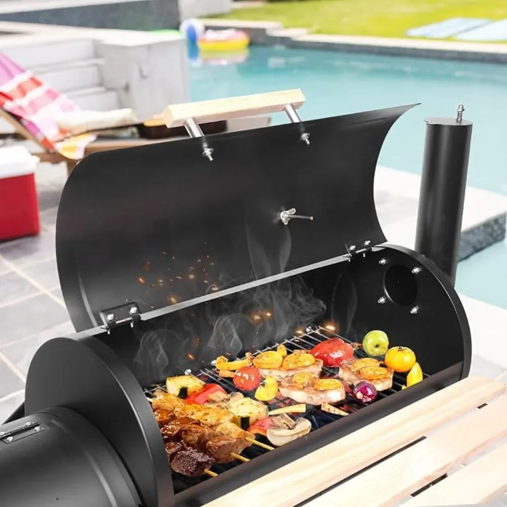 Charcoal Grill and Offset Smoker, Outdoor Patio Barbecue Cooker with Wheels, Portable Backyard BBQ Oven with Side Fire Box