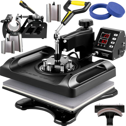 8-in-1 12" x 15" Combo Heat Press Machine with 360° Swing-Away Design T-Shirt, Mug, Cap, Plate & Pot Transfer Printer Kit