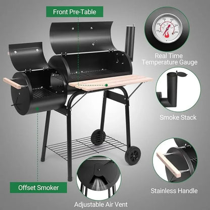 Charcoal Grill and Offset Smoker, Outdoor Patio Barbecue Cooker with Wheels, Portable Backyard BBQ Oven with Side Fire Box