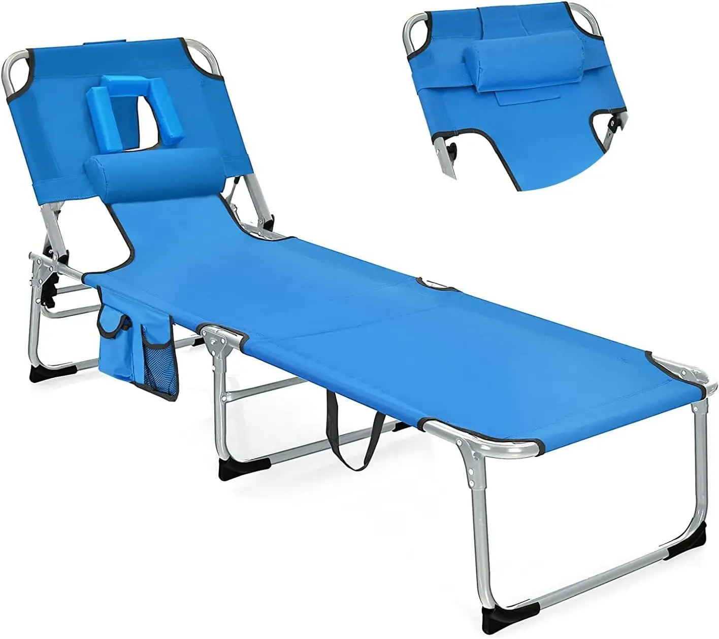 Folding Tanning Chair with Face & Arm Hole, 5-Position Adjustable Backrest, Removable Pillow & Side Pocket