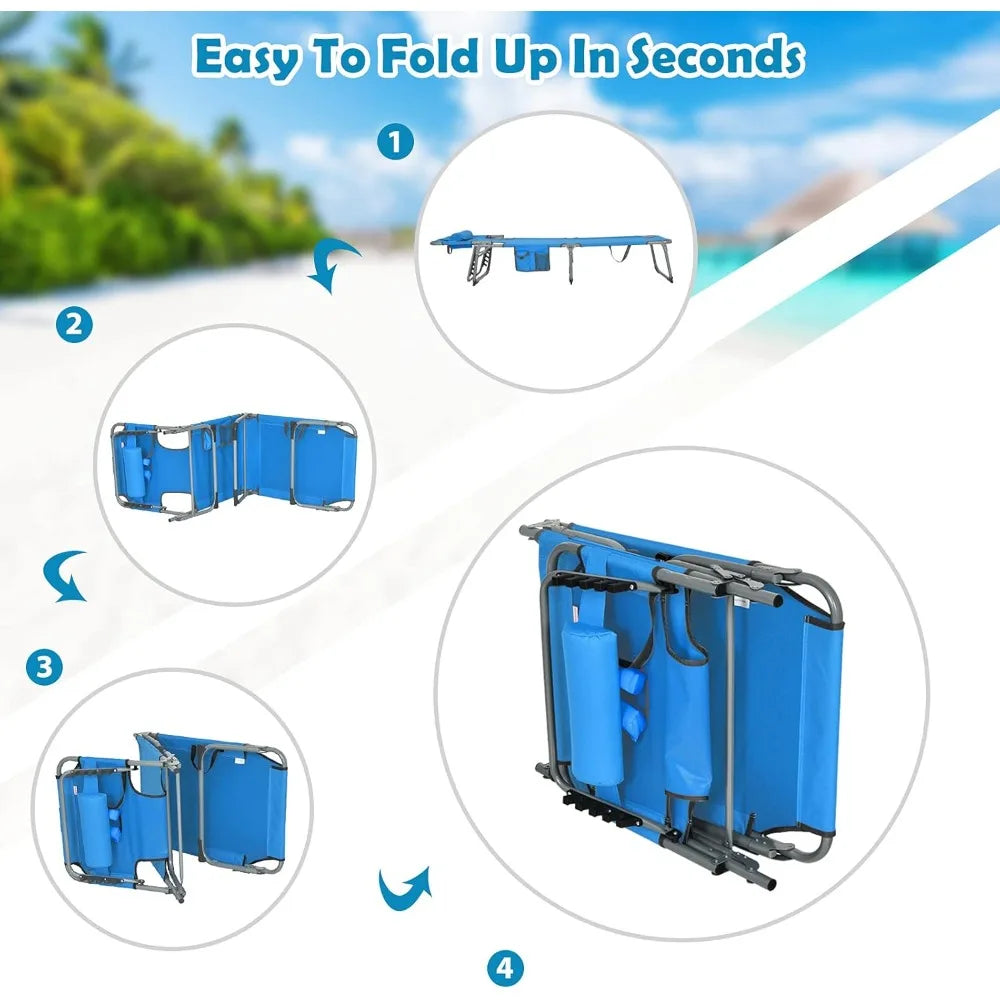 Folding Tanning Chair with Face & Arm Hole, 5-Position Adjustable Backrest, Removable Pillow & Side Pocket