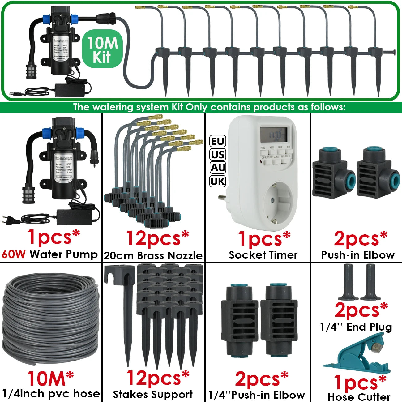 5M-30M Garden Watering System Self-priming Pump Timer 360° Bendable Mist Brass Cooling Sprinkler Drip Irrigation Kit Pot Bonsai