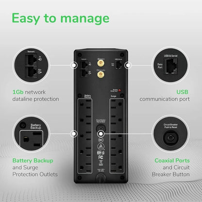 1500VA UPS Battery Backup & Surge Protector with AVR and Dataline Protection