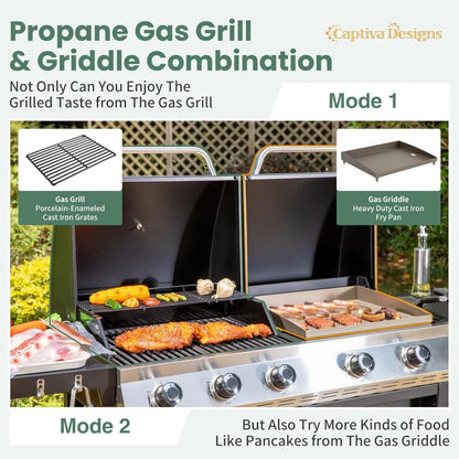 Propane Gas Griddle Grill Combo with Porcelain-Enameled Cast Iron Grate & Cast Iron Pan