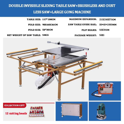 Multifunction Folding Electric Woodworking Table Saw with Sliding Guide & Stainless Steel Top