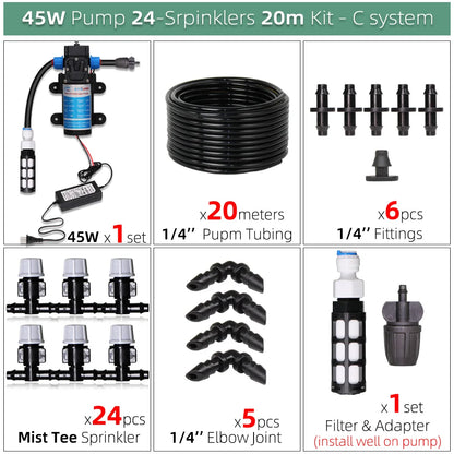 5–50M 45W Pump Self-Priming Irrigation System Garden Spray Cooling Kit.