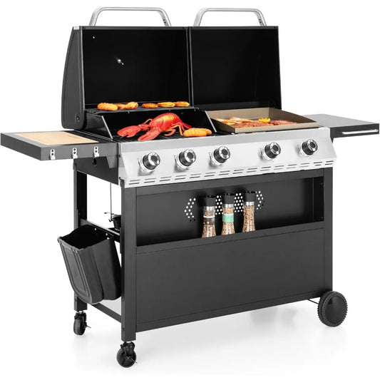 Propane Gas Griddle Grill Combo with Porcelain-Enameled Cast Iron Grate & Cast Iron Pan